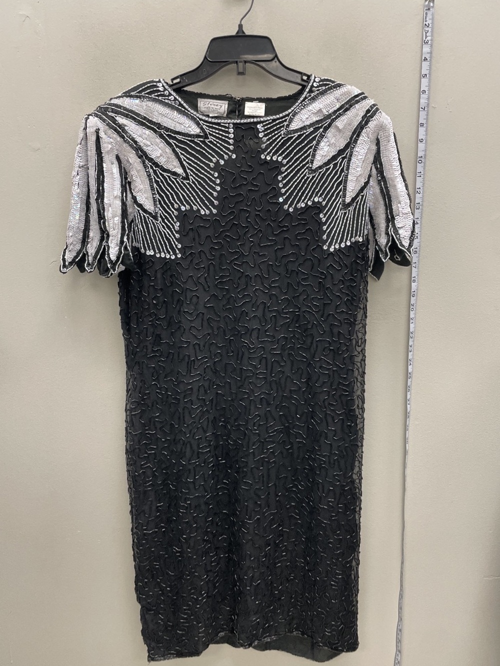 Vintage NWT Stenay Black Beaded Short-Sleeve Dress with Silver Accents